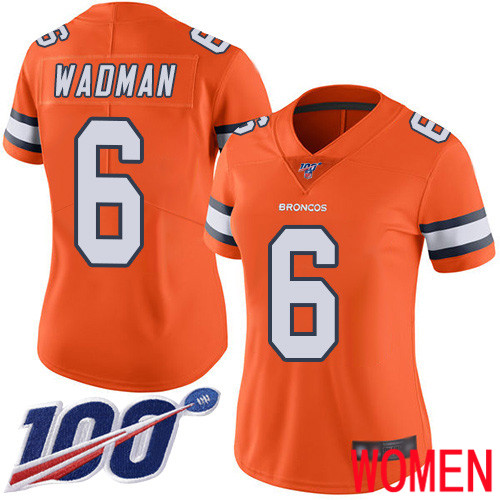Women Denver Broncos #6 Colby Wadman Limited Orange Rush Vapor Untouchable 100th Season Football NFL Jersey->denver broncos->NFL Jersey